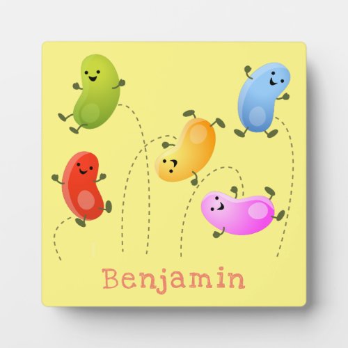 Cute happy jellybeans jumping cartoon illustration plaque