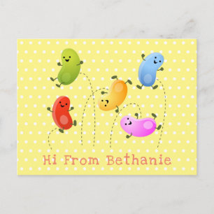 Cute happy jellybeans jumping cartoon illustration postcard