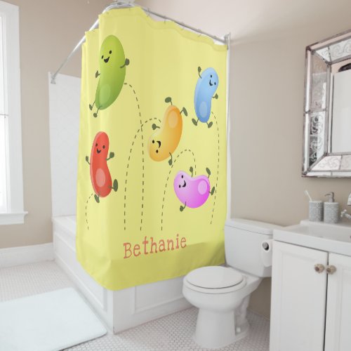 Cute happy jellybeans jumping cartoon illustration shower curtain