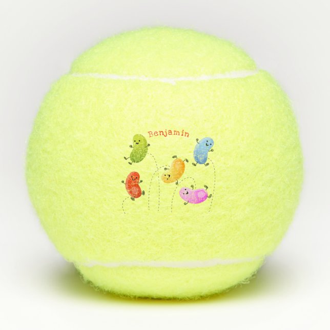Cute happy jellybeans jumping cartoon illustration tennis balls (Front)