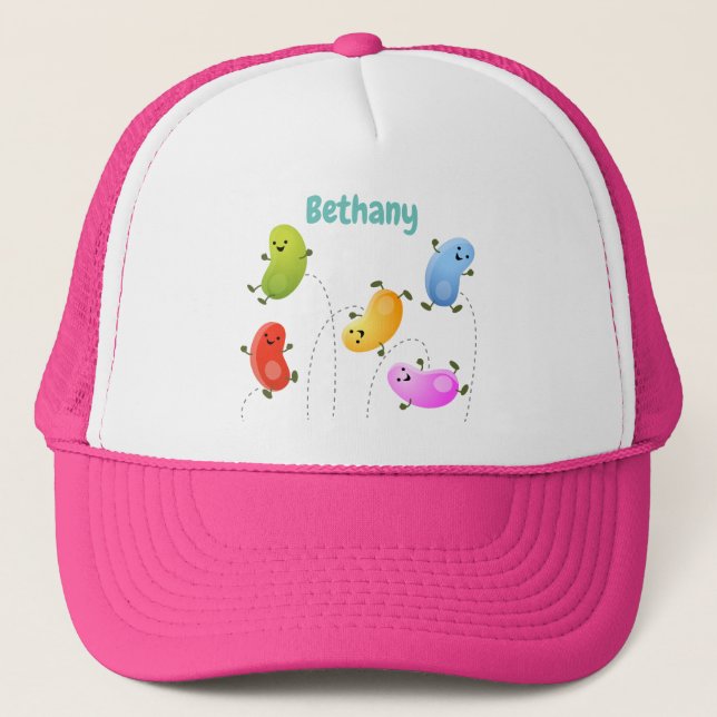 Cute happy jellybeans jumping cartoon illustration trucker hat (Front)
