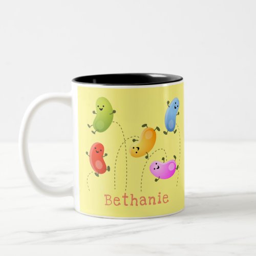 Cute happy jellybeans jumping cartoon illustration Two_Tone coffee mug