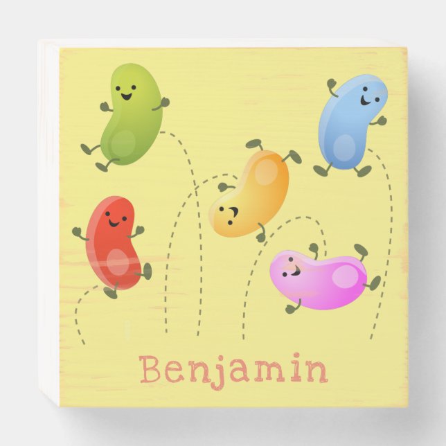 Cute happy jellybeans jumping cartoon illustration wooden box sign (Front Horizontal)