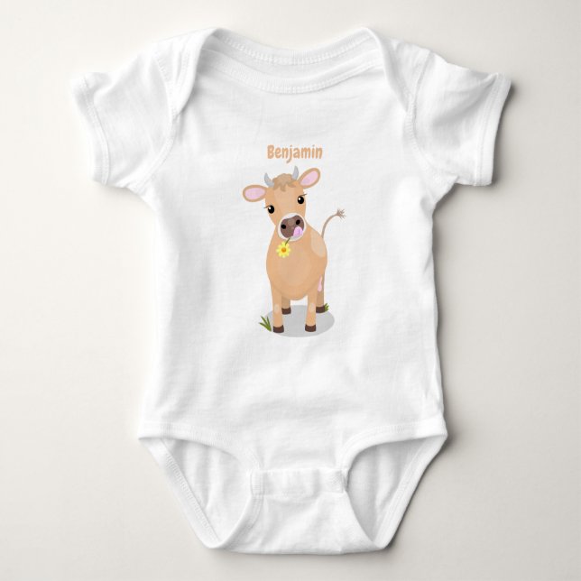 Cute happy jersey cow and flower cartoon baby bodysuit (Front)