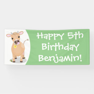 Cute happy jersey cow and flower cartoon banner