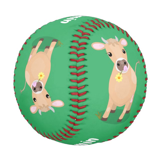 Cute happy jersey cow and flower cartoon baseball (Angled)