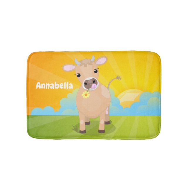 Cute happy jersey cow and flower cartoon bath mat (Front)