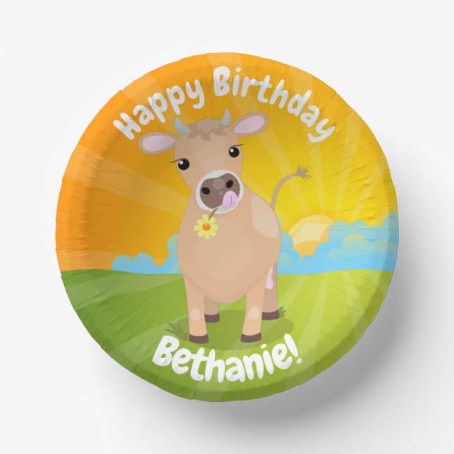 Cute happy jersey cow and flower cartoon birthday paper bowls (Front)