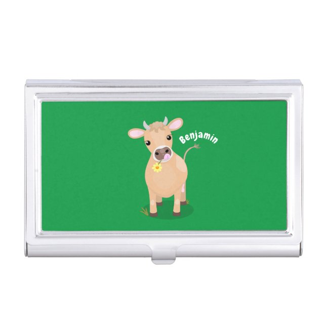 Cute happy jersey cow and flower cartoon business card case (Front)