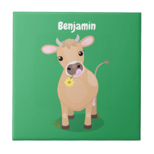 Cute happy jersey cow and flower cartoon ceramic tile