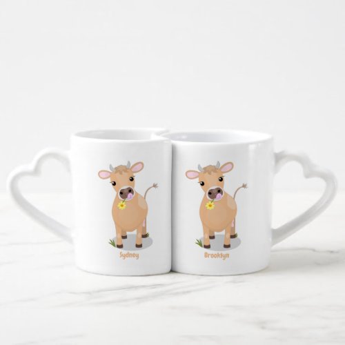 Cute happy jersey cow and flower cartoon coffee mug set