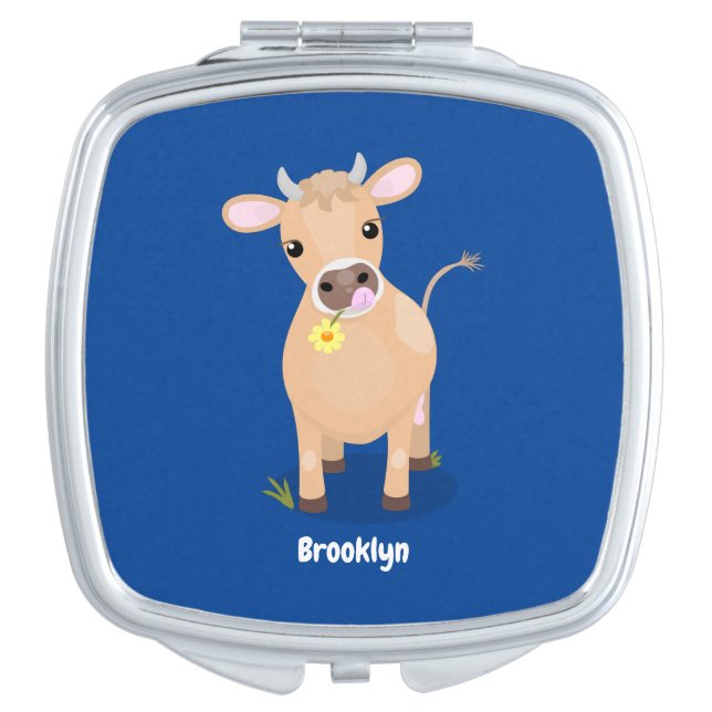 Cute happy jersey cow and flower cartoon compact mirror (Front)