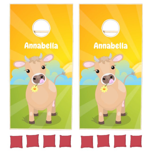 Cute happy jersey cow and flower cartoon cornhole set (Set)