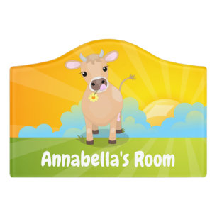 Cute happy jersey cow and flower cartoon door sign