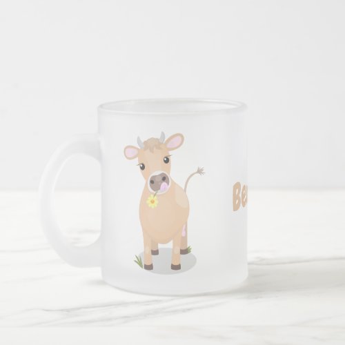 Cute happy jersey cow and flower cartoon frosted glass coffee mug