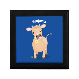 Cute happy jersey cow and flower cartoon gift box