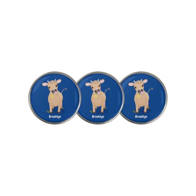 Cute happy jersey cow and flower cartoon golf ball marker (3 Up)