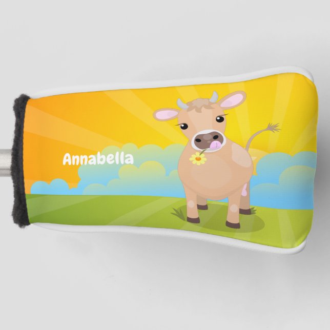 Cute happy jersey cow and flower cartoon golf head cover (Front)