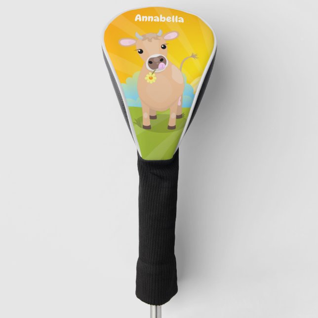 Cute happy jersey cow and flower cartoon golf head cover (Front)