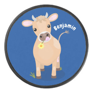 Cute happy jersey cow and flower cartoon hockey puck
