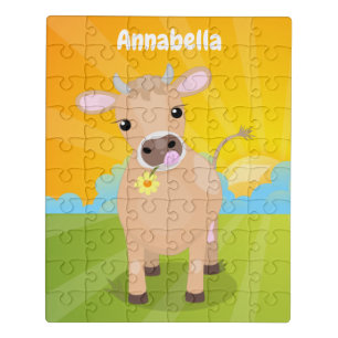 Cute happy jersey cow and flower cartoon jigsaw puzzle