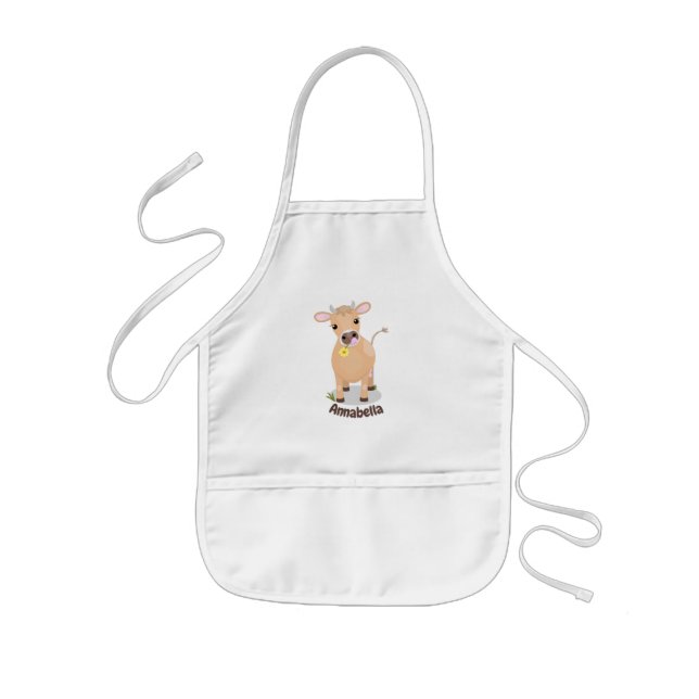Cute happy jersey cow and flower cartoon kids' apron (Front)