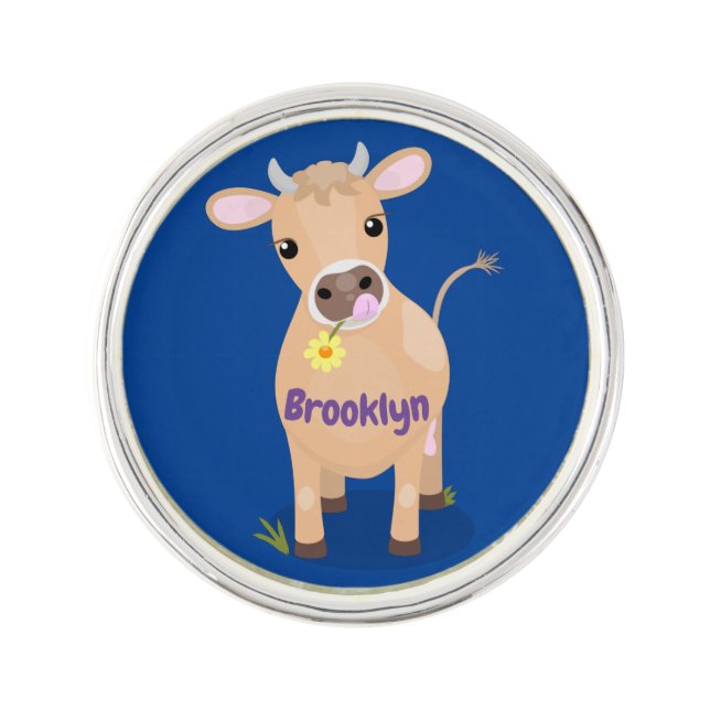 Cute happy jersey cow and flower cartoon lapel pin (Front)
