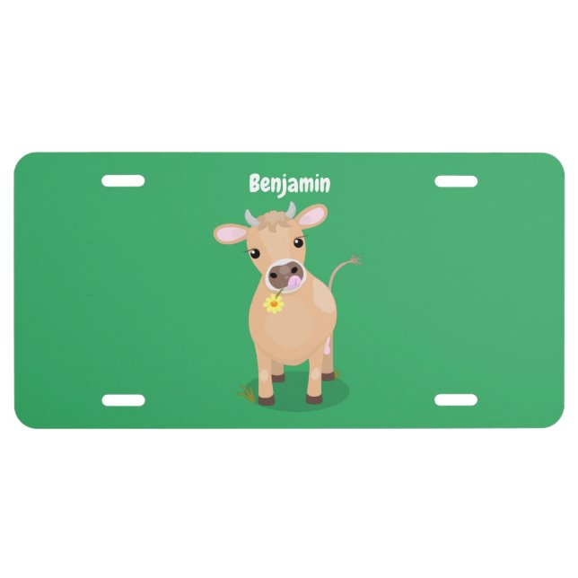 Cute happy jersey cow and flower cartoon  license plate (Front)