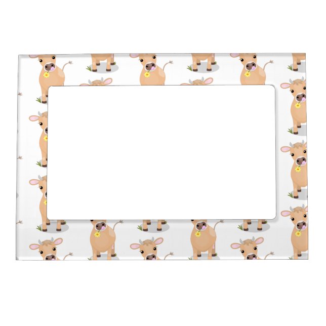 Cute happy jersey cow and flower cartoon magnetic frame (Front)