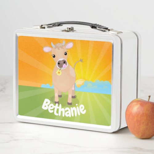 Cute happy jersey cow and flower cartoon metal lunch box