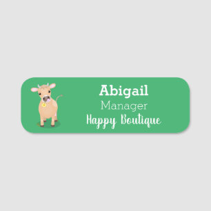 Cute happy jersey cow and flower cartoon name tag