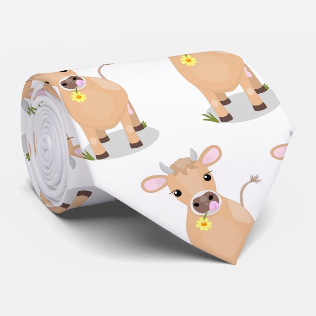 Cute happy jersey cow and flower cartoon neck tie (Rolled)