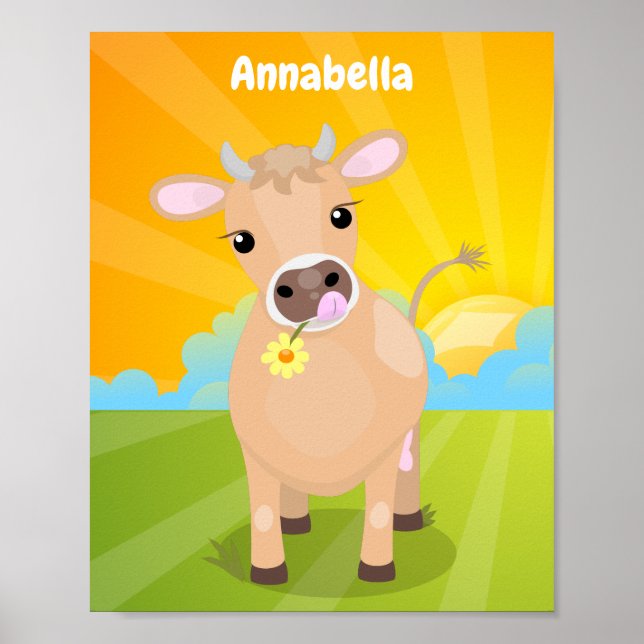 Cute happy jersey cow and flower cartoon poster (Front)