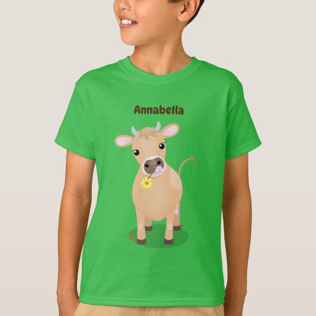 Cute happy jersey cow and flower cartoon T-Shirt (Front)