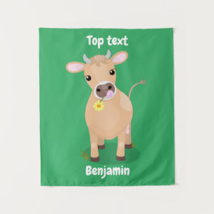 Cute happy jersey cow and flower cartoon tapestry