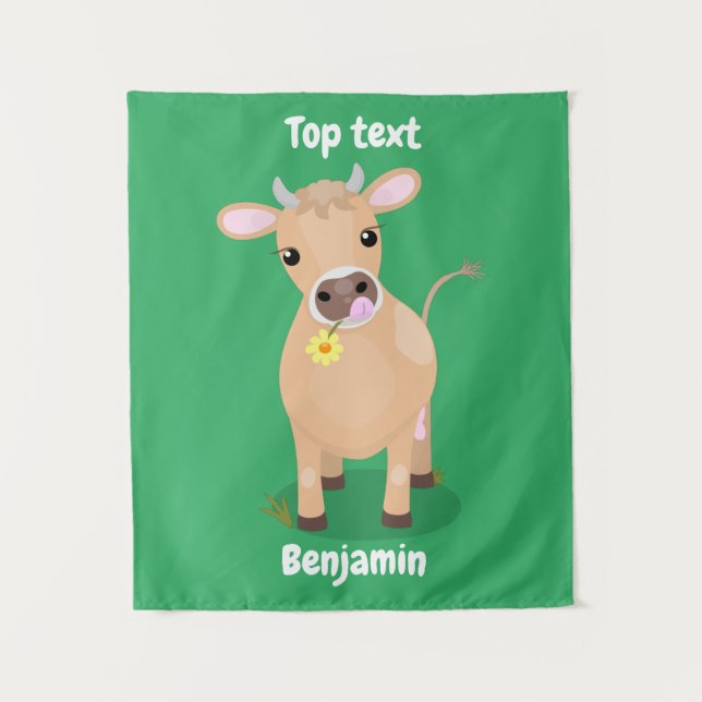 Cute happy jersey cow and flower cartoon  tapestry (Front)