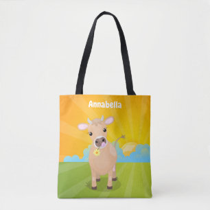 Cute happy jersey cow and flower cartoon tote bag