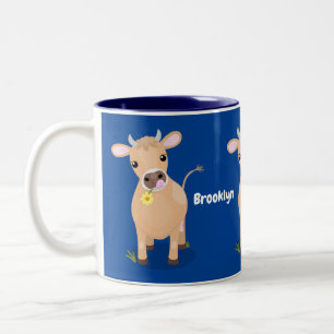 Cute happy jersey cow and flower cartoon Two-Tone coffee mug