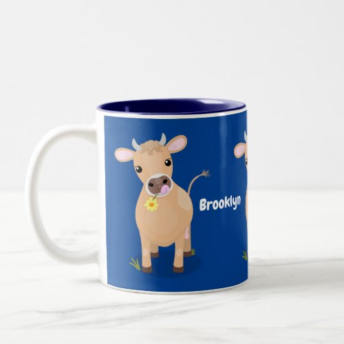 Cute happy jersey cow and flower cartoon Two_Tone coffee mug