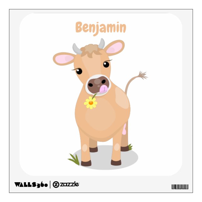 Cute happy jersey cow and flower cartoon wall decal (Front)