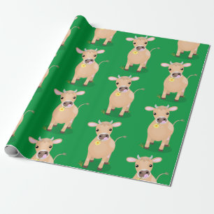 Cute happy jersey cow and flower cartoon wrapping paper