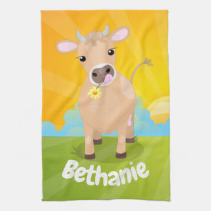 Cute happy jersey cow and flower sunrise cartoon kitchen towel