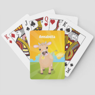 Cute happy jersey cow and flower sunrise cartoon poker cards