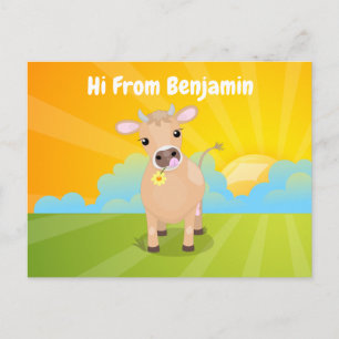 Cute happy jersey cow and flower sunrise cartoon postcard