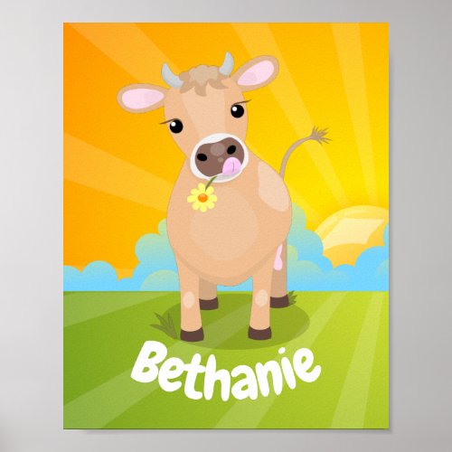 Cute happy jersey cow and flower sunrise cartoon poster