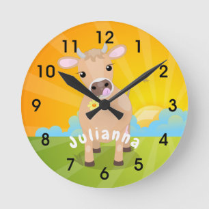 Cute happy jersey cow and flower sunrise cartoon round clock