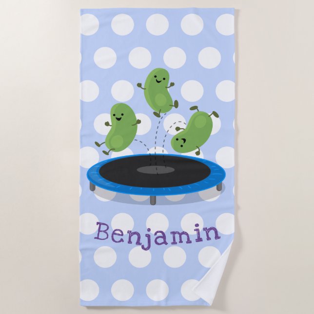 Cute happy jumping beans cartoon illustration beach towel (Front)