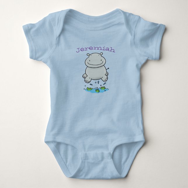 Cute happy jumping hippo cartoon illustration baby bodysuit (Front)