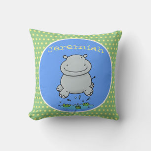 Cute happy jumping hippo cartoon illustration throw pillow