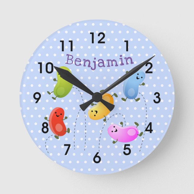 Cute happy jumping jellybeans cartoon illustration round clock (Front)